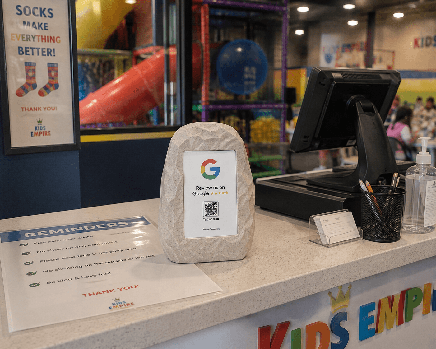 Tap Review at a kids' play centre front desk